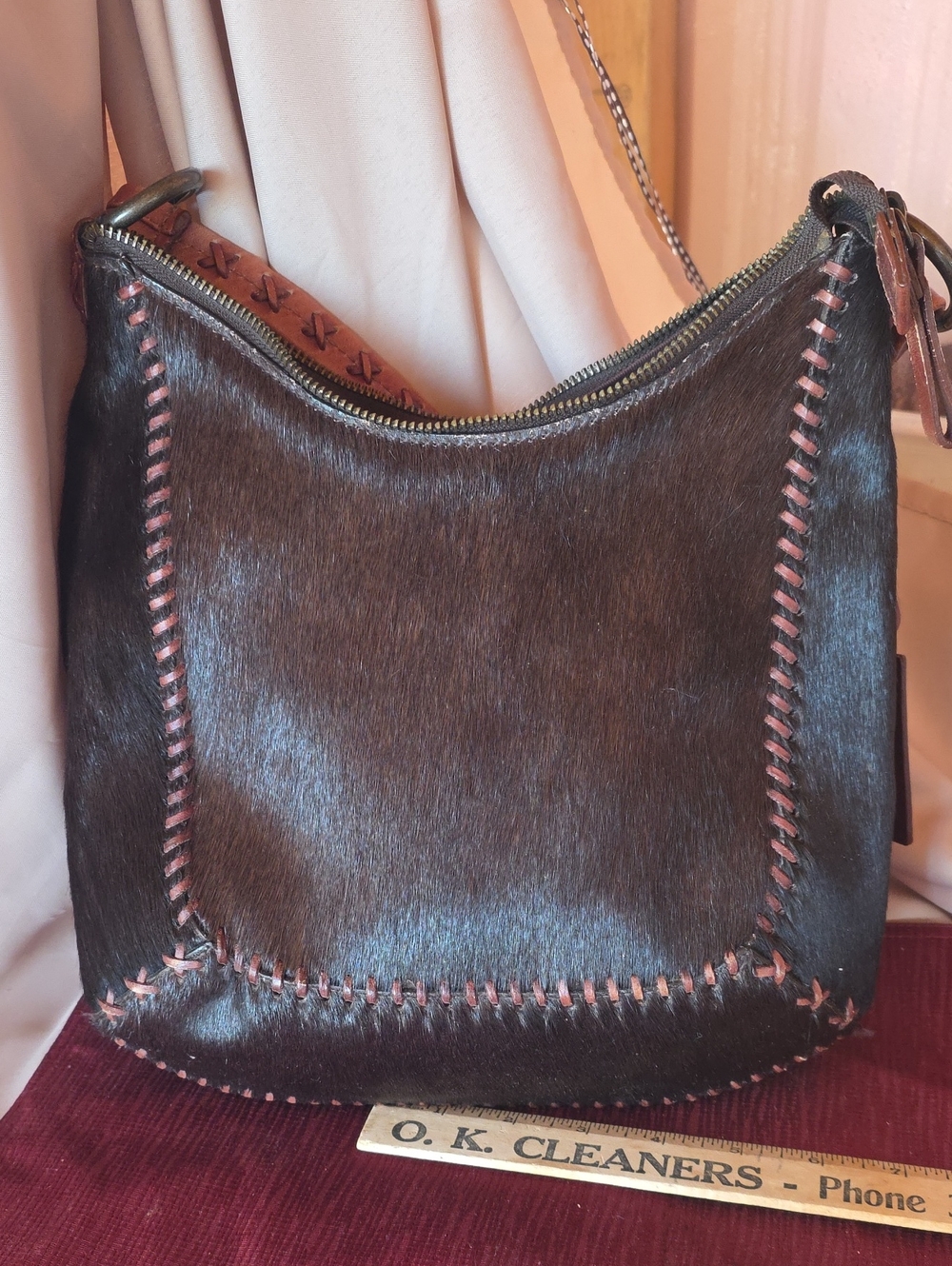Antonio Melani Dark Brown Haircalf Women's Shoulder Bag with Whipstitch Detail